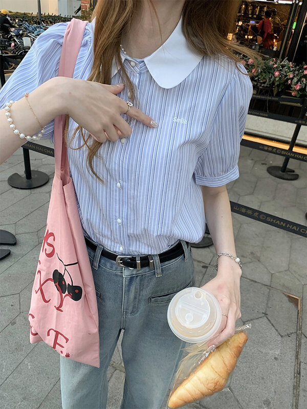 Blue Striped Doll Neck Short Sleeved Shirt for Women's Summer Design Sense Shirt with Bubble Sleeves Top Female Clothing