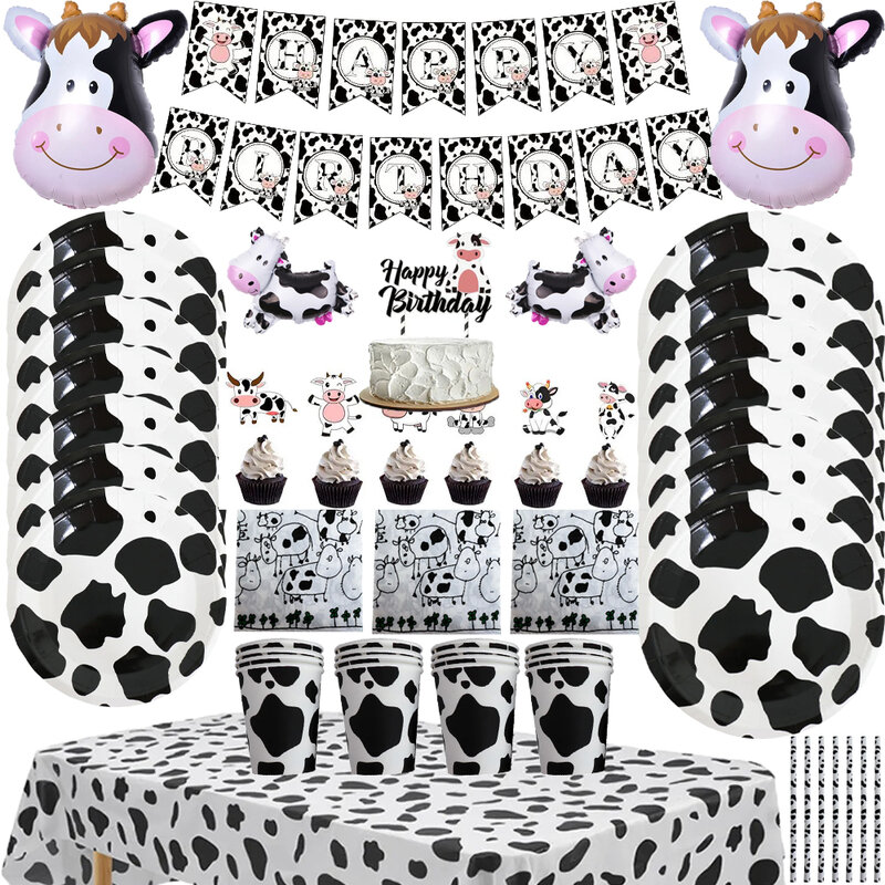 Farm Theme Party Cow Disposable Tableware Balloon Set Birthday Party Decoration Cup and Plates Paper Tablecloth Baby Christening