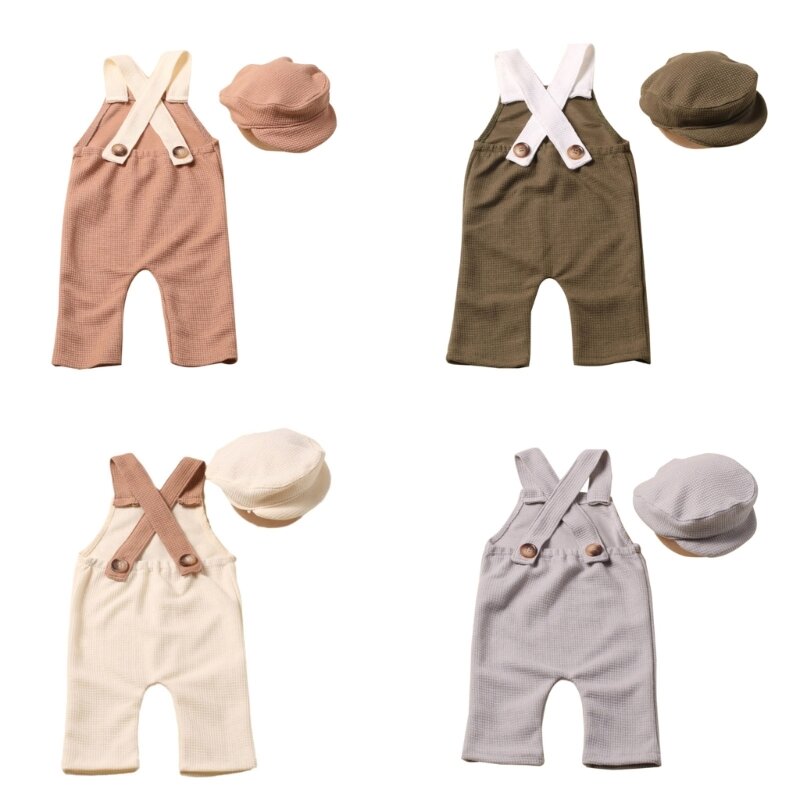 Fantasia para foto recém-nascido, chapéu, suspensórios, calças, roupas chá bebê, roupas vintage