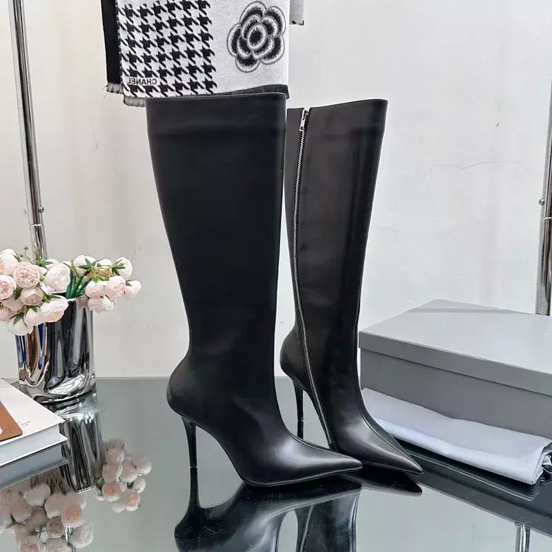 Tacchi sottili stivali bianchi neri punta a punta moderna alta qualità popolare in vera pelle Street Style ZIp Fahion Concise Comfort