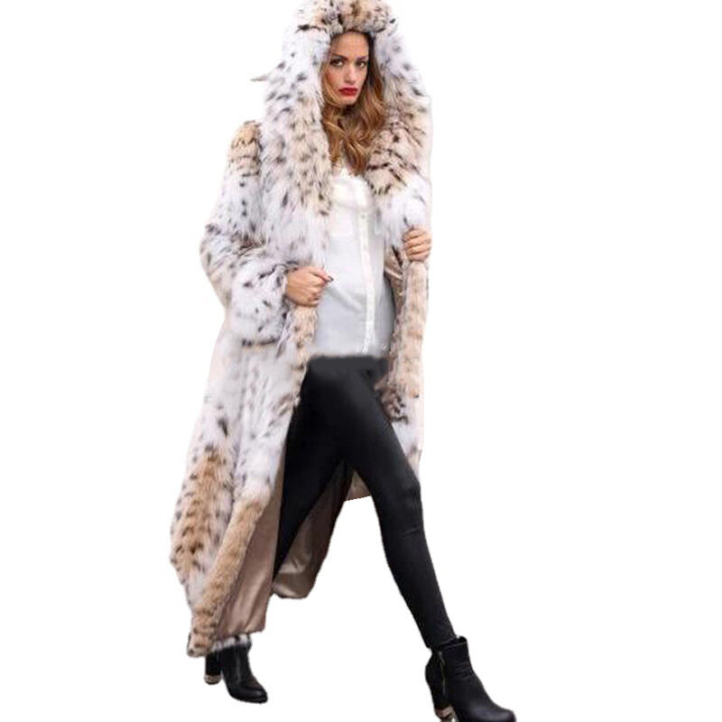 Women's Winter Warm Thickened New Pelt Coat Medium Length Leopard Print Long Faux Fox Pelt Coat Hooded Loose Ladies Coat