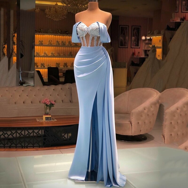 เซ็กซี่ Mermaid Evening Dresses Robe De Soiree Illusion Bodice Pleats ประดับด้วยลูกปัดปิดไหล่แยก Slit อย่างเป็นทางการชุดราตรี2023
