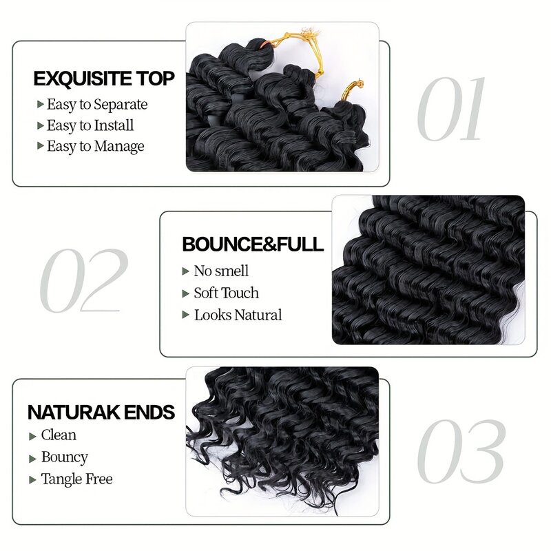 Twist onda profunda sintética Crochet extensões de cabelo para mulheres, perucas tranças encaracoladas, cabelo brasileiro DIY, desgaste diário, 20in, 1pc