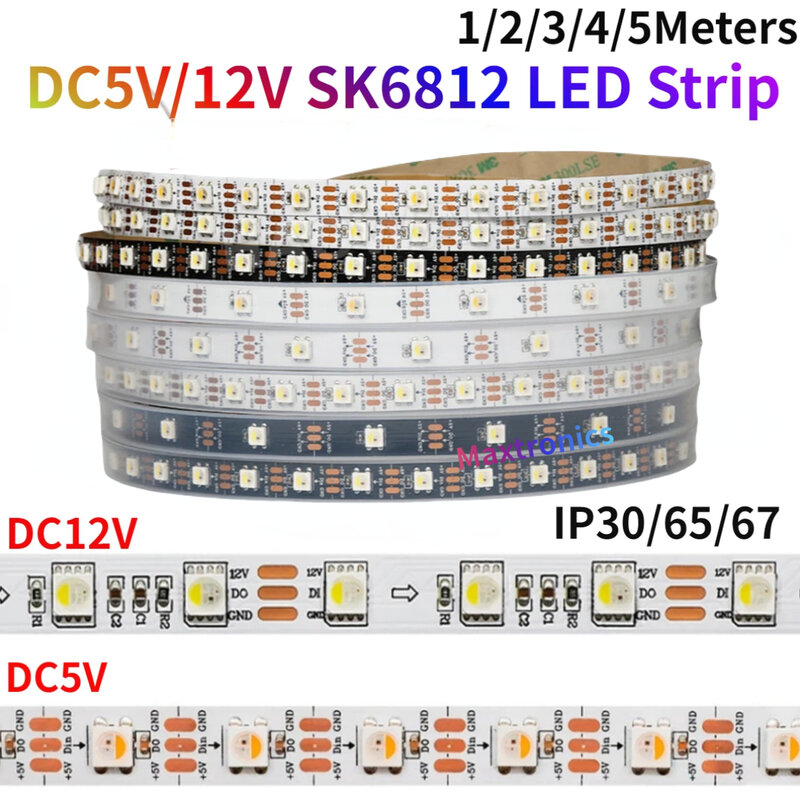 Fita LED inteligente, Lâmpadas Pixel Flexíveis, Endereçáveis Individualmente, 4 em 1, DC5V, 12V, SK6812, GBW, GBWW, Programação, SMD5050, 1-5m