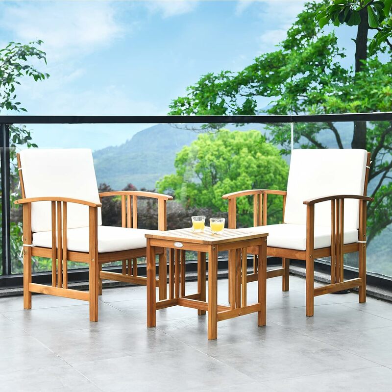 3 Pieces Patio Furniture Set, Includes Set of 2 Outdoor Acacia Wood Cushioned Chairs and Coffee Table, for Garden, Backyard