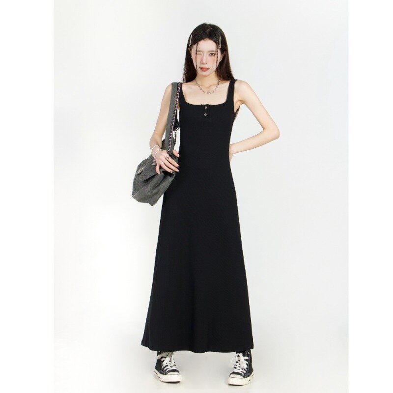 2024 Sommerkleider für Frauen sexy Spaghetti träger schwarz langes Kleid y2k ärmellose solide dünne figur betonte Streetwear Maxi Vestidos