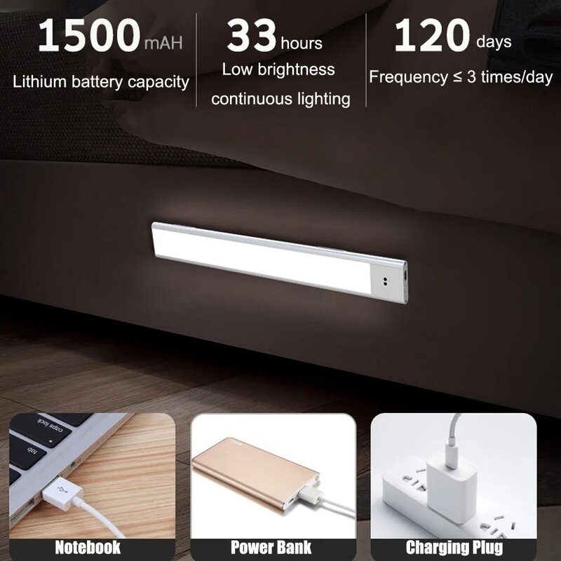 Sensor de movimento Wireless LED Night Light, USB recarregável, Lâmpada para armário, Sob retroiluminação para cozinha
