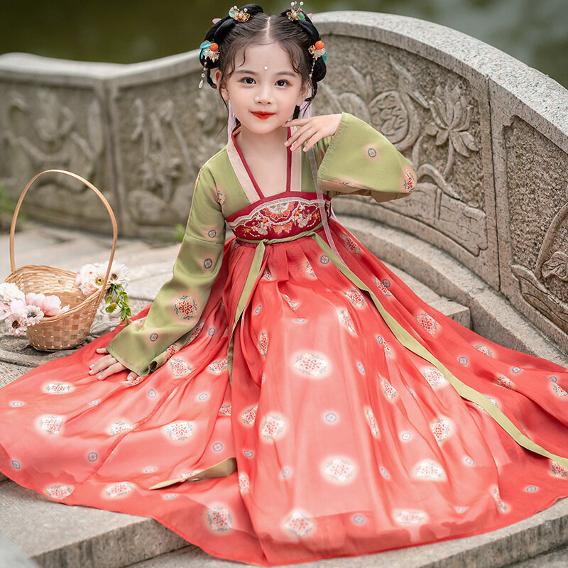 Китайский Шелковый костюм для девочек, детское кимоно, традиционное китайское винтажное этническое платье под старину, танцевальный костюм, комплект ханьфу для косплея