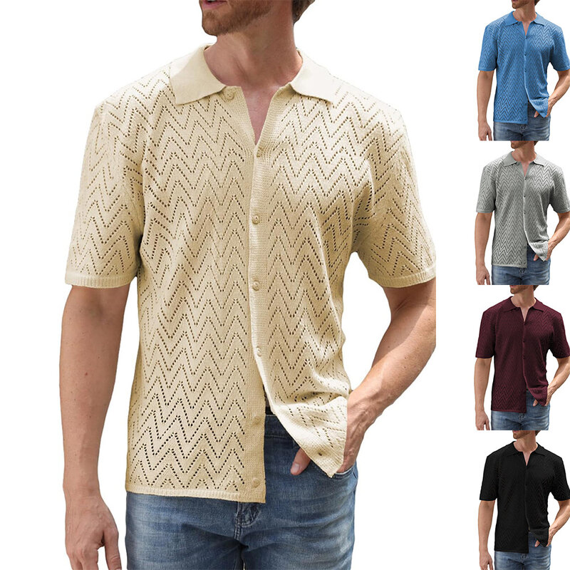 Camicie da uomo estive 2024 lavorate a maglia scava fuori camicia Casual traspirante tinta unita camicie a maniche corte in maglia maschile monopetto