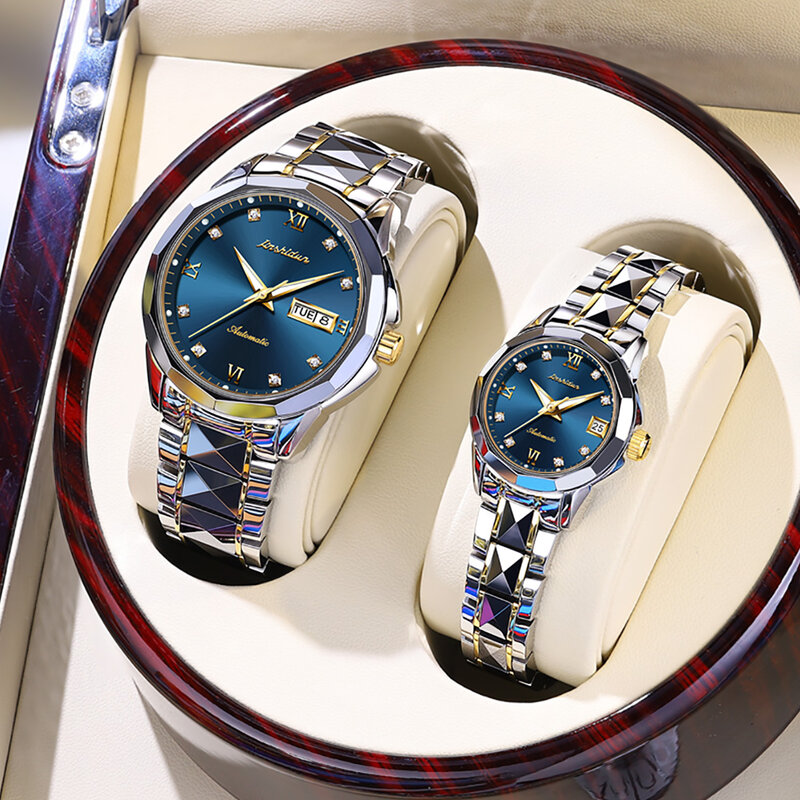 JSDUN-relojes automáticos de lujo para pareja, reloj de pulsera mecánico para hombre y mujer, resistente al agua, cristal de zafiro, conjunto de regalo para amante