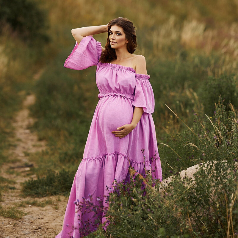 Damska sukienka Boho wygodna bawełna lniana odzież ciążowa w stylu Vintage sukienka z krótkim rękawem do sesji zdjęcie ciążowe