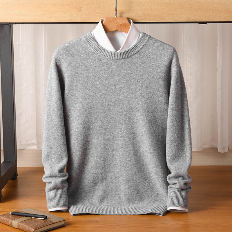 Autumn Winter 2022 New Pure Wool Round Neck Sweater Men's Solid Top Long Sleeve Mid Neck Versatile Men's Underlay Knitwear Trend