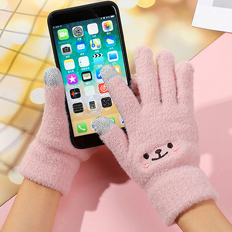 1 Pair Mink Thicken Knitted Gloves For Women Fluffy Soft Warm Full Finger Gloves Winter Knitted Gloves Touch Screen Mittens
