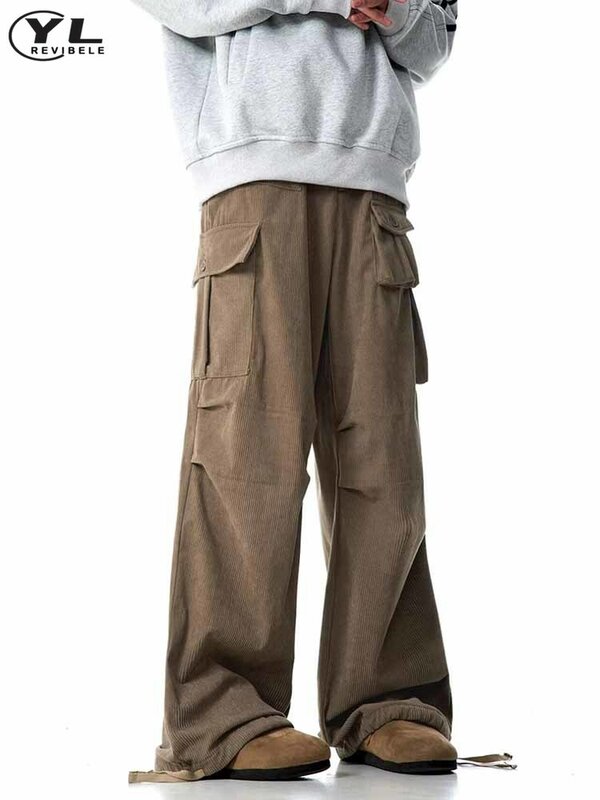 Pantalones Cargo de pana Vintage para hombre y mujer, Pantalones rectos con múltiples bolsillos, sueltos, con cordón, pierna ancha, Hip Hop, Unisex