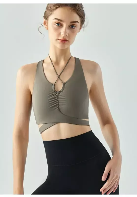 Yoga Vest Female Drip Collar Semi-fixed Cup Sexy Cross Strap Running Fitness Top