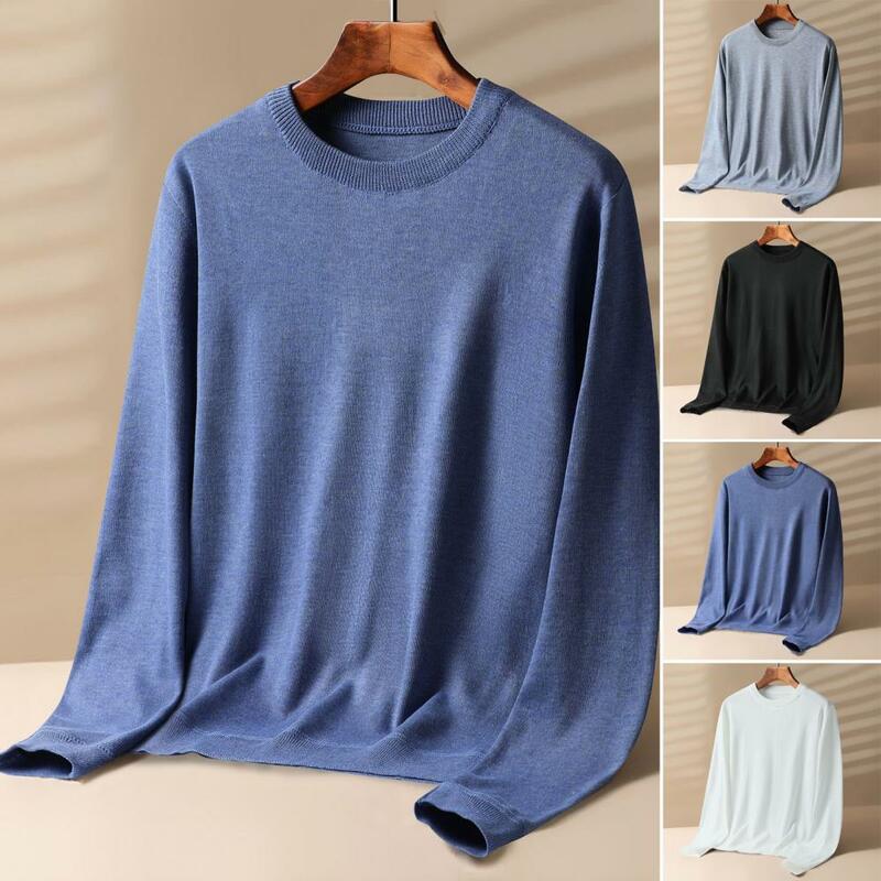 Solid Color Sweater Soft Knitted Round Neck Sweater for Fall Winter Anti-shrink Anti-pilling Pullover with Long Sleeves Elastic