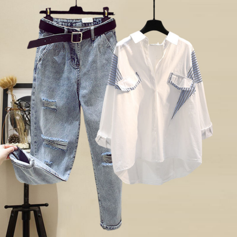 Conjunto de duas peças jeans slim feminino, camisa estilo ocidental, versátil, estação primavera e outono, novo, 2024