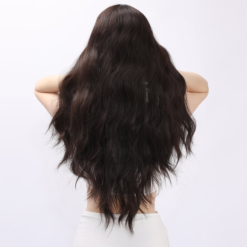 Smilco Dark Brown Long Wavy Wig For Women Middle Part Synthetic Natural Curly Wigs Daily Cosplay Party Heat Resistant Fake Hair