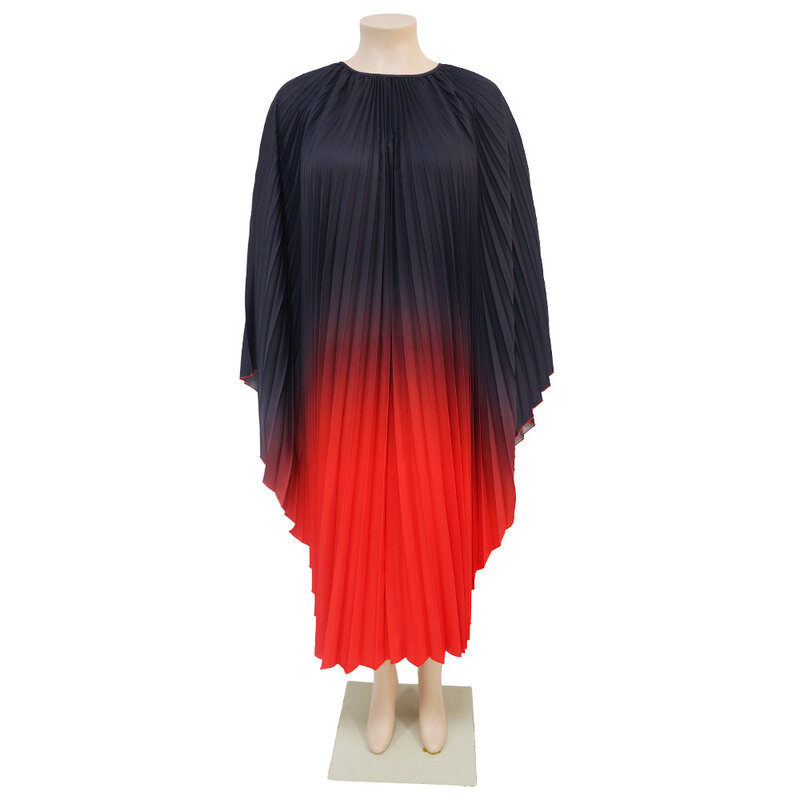 Pleated Gradient Belt Dress For Women Round Neck Batwing Sleeves Fashion Dresses Female Clothes 2024 Spring