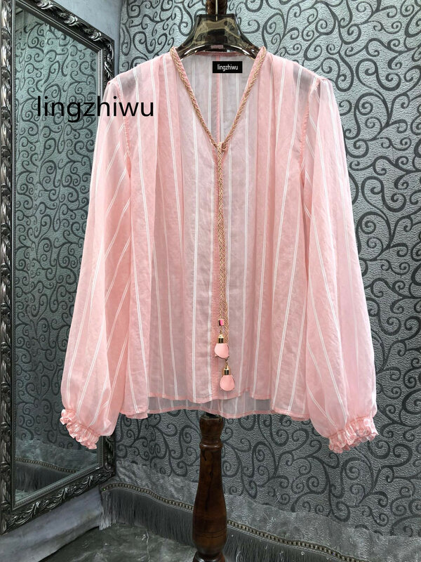 lingzhiwu Striped Blouse 2024 Spring Female Weave V-Neck Loose Pullovers Top New Arrive