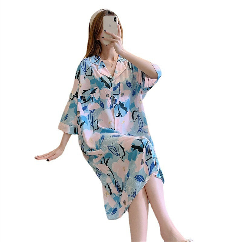 Summer Thin Short Sleeves Nightgowns Ladies Cardigan Large Size Shirt Dress Printed Nightdress Women Casual Sleepwear Homewear