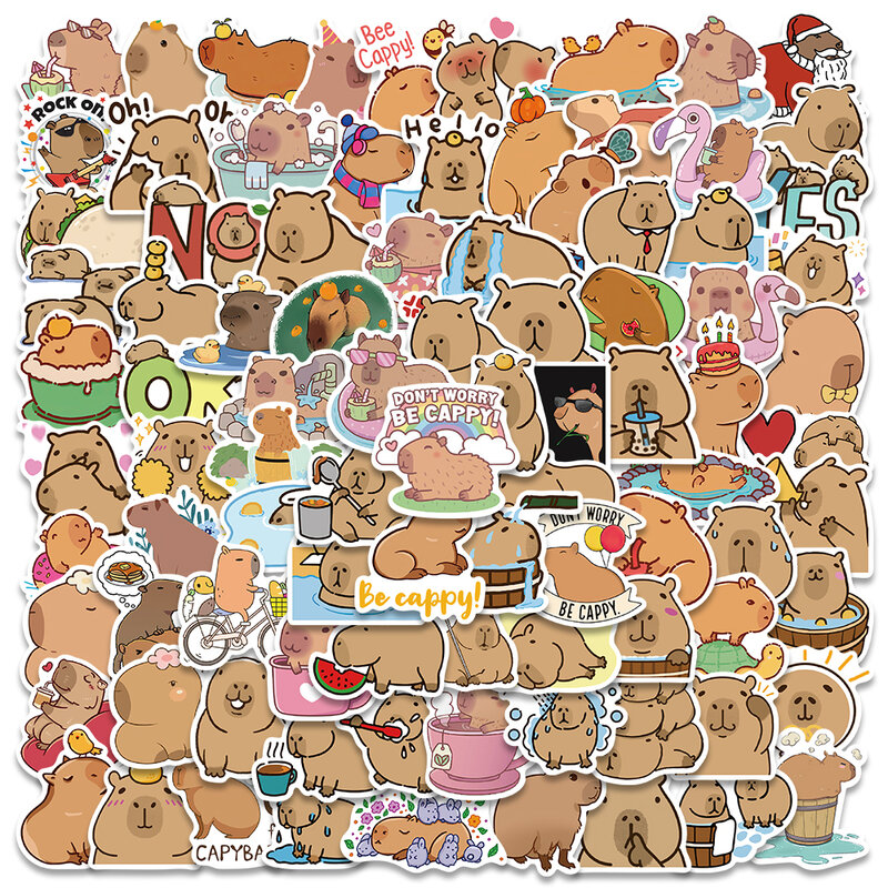 Capybara regordeta de dibujos animados para niños, pegatinas de animales marrones para portátil, botella de agua, equipaje, papelería, álbum de recortes, 50/100 piezas