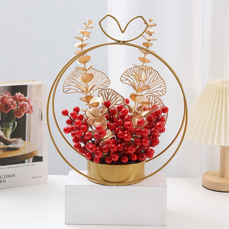 Set buah kaya Tahun Baru Festival Musim Semi Cina ditempatkan kipas emas daun buah merah Tahun Baru bunga malam Bucket Fu