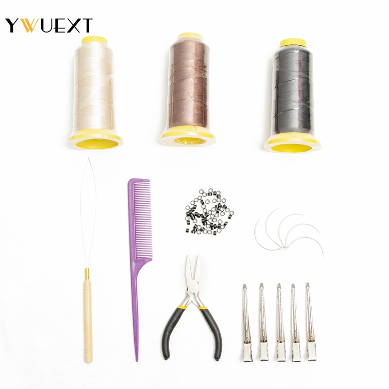 Human Hair Weft Application Kits 250pcs Micro Rings Loop Thread Hair Plier Brush Needle Snap Clips For Salon Hair Bundles
