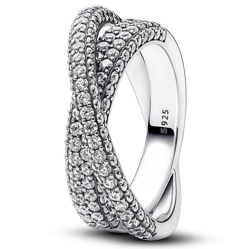 Cincin Crossover pir perak murni 925 untuk wanita, cincin perhiasan hadiah jalur ganda tembus pandang abadi naga Halo untuk wanita
