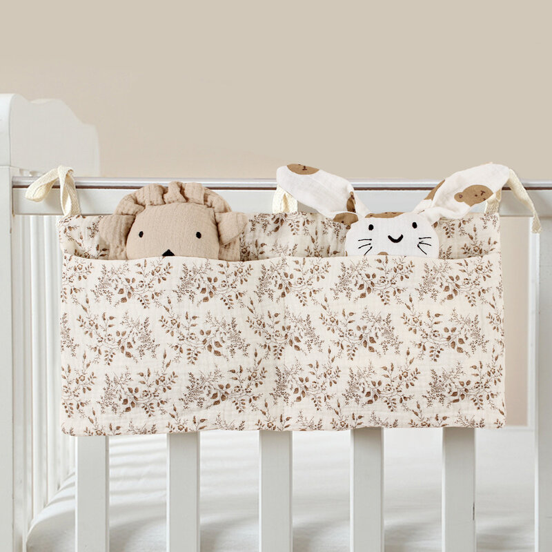 Baby Bed Storage Bag Double-pocket Bed Bedside Diaper Organizer Soft Cotton Cartoon Printed Newborn Crib Hanging Bag