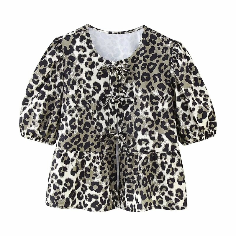 Summer Shirt With Strap Lace-up Leopard Blouse Puff Sleeve Crop Top Women's Summer Clothing