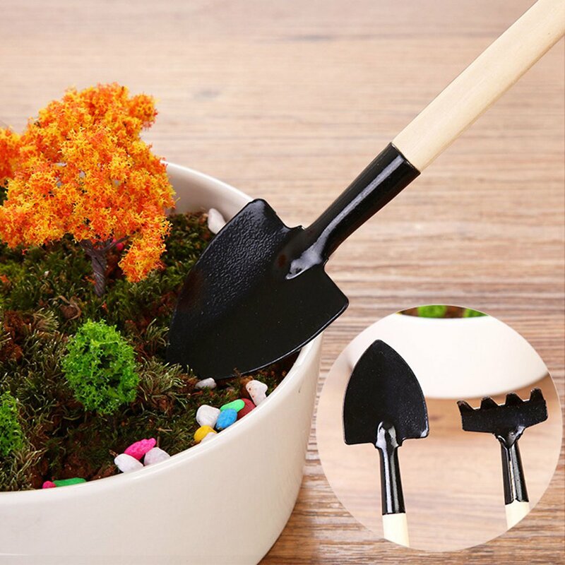 3Pcs Wooden Handle Iron Garden Shovel Rake Spade for Flowers Potted Plant Bonsai Mini Gardening Tools Set Digging Weeding