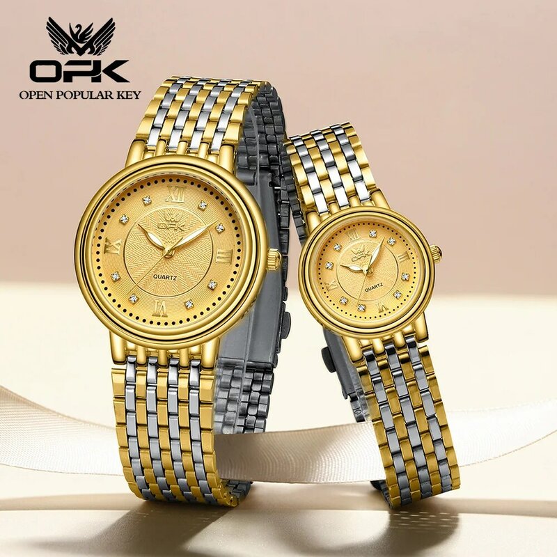 OPK 탑 쿼츠 커플 시계, 스테인레스 스틸 방수 글로우 패션 시계, 럭셔리 다이아몬드 다이얼, 오리지널 커플 시계