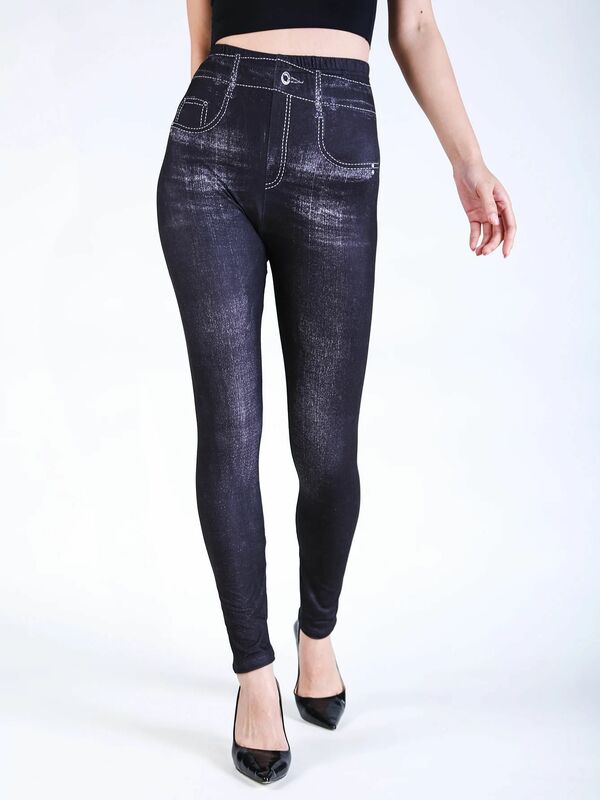 YGYEEG szczotkowana sztuczna dżinsowa czarna Sexy legginsy damska elastyczny, wysoki talia obcisła bezszwowa fałszywa kieszeń ołówkowe spodnie Vintage