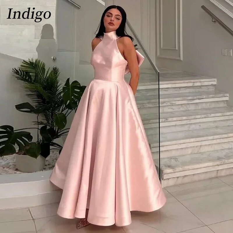 Gaun Prom leher tinggi Indigo tanpa lengan gaun acara Formal pita panjang lantai 2024 Gown Gown