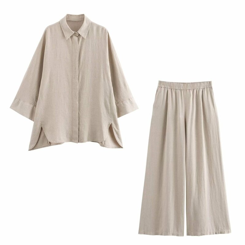 Setelan pakaian wanita dua potong, kemeja Linen tipis longgar kasual, celana lurus elastis 2024