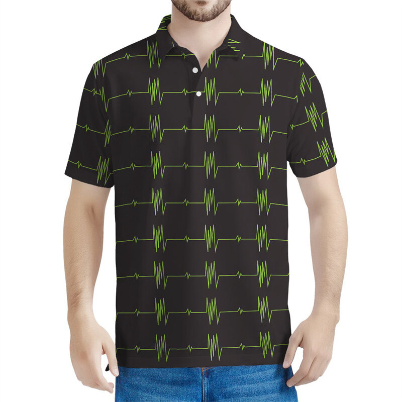 Модная рубашка-поло с 3D-принтом сердцебиения для мужчин, футболки с короткими рукавами с лацканами, повседневные уличные свободные рубашки-поло