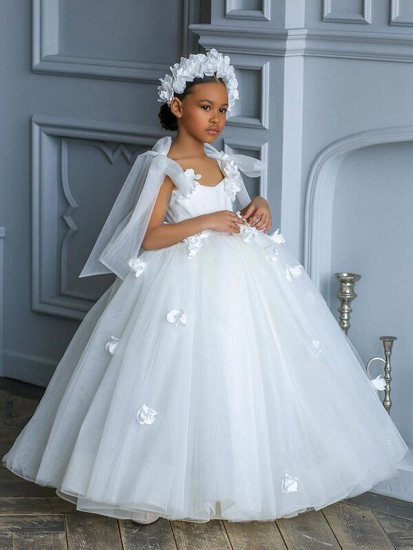 Biała kokardka bez rękawów kwiat dziewczyna sukienki na ślub elegancki Tulle aplikacje pierwsza sukienka komunijna dzieci formalne suknia wieczorowa 2022