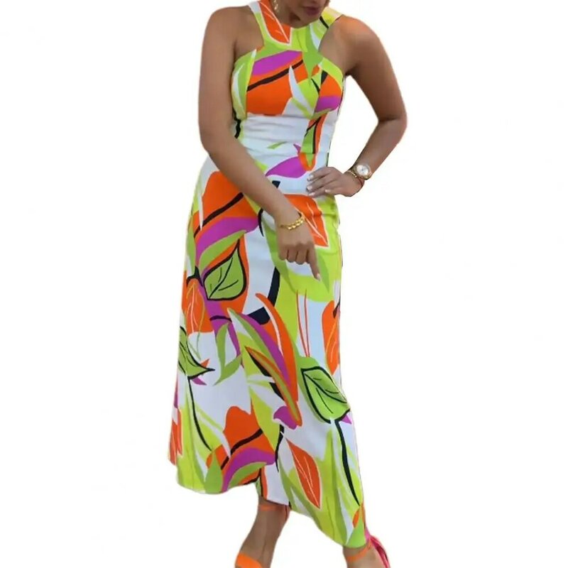 Платье-макси Облегающее с открытыми плечами, цветным принтом и боковыми карманами