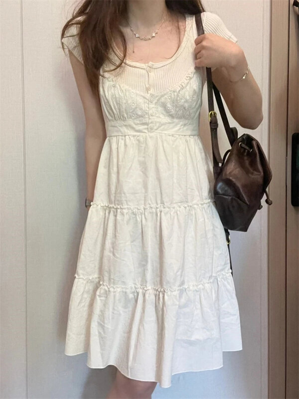 HOUZHOU Y2K gaun selempang pendek manis musim panas wanita renda V-Neck tanpa lengan lucu Vintage seksi gaun A-line wanita Chic Korea