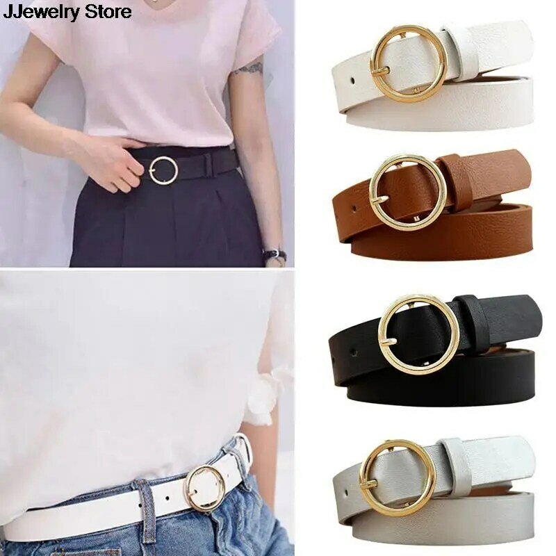 Cinturón circular de Metal redondo para mujer, cinturones de cintura de cuero PU para mujer, pantalones vaqueros, negro, blanco, venta al por mayor