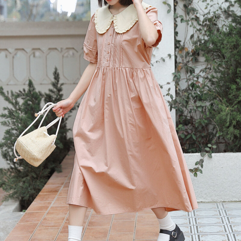 W dziewczęcym stylu Mori słodki urocza lalka kołnierz z krótkim sukienka z rękawami damski 2024 letni nowy Vintage luźny różowy długa plisowana sukienka