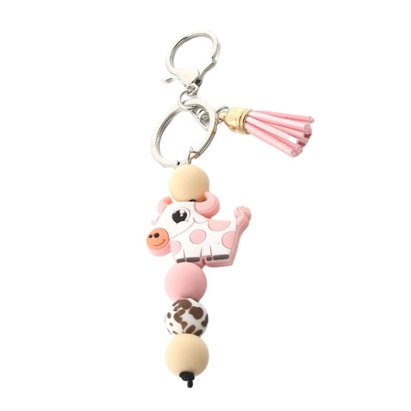 Silicone Beaded Keychain with Tassels Cartoon Cow Animal Pendant Key Chain for Car Keys Women Bag Pendant Christmas Dropship