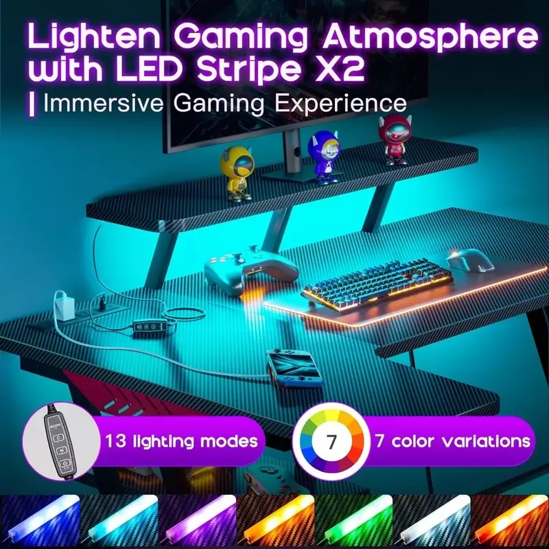 L-Vormige Gaming-Desk Met Led-Verlichting En Stopcontacten, Koolstofvezel Getextureerde 47-Inch Gaming Computerbureau Met Opbergplanken