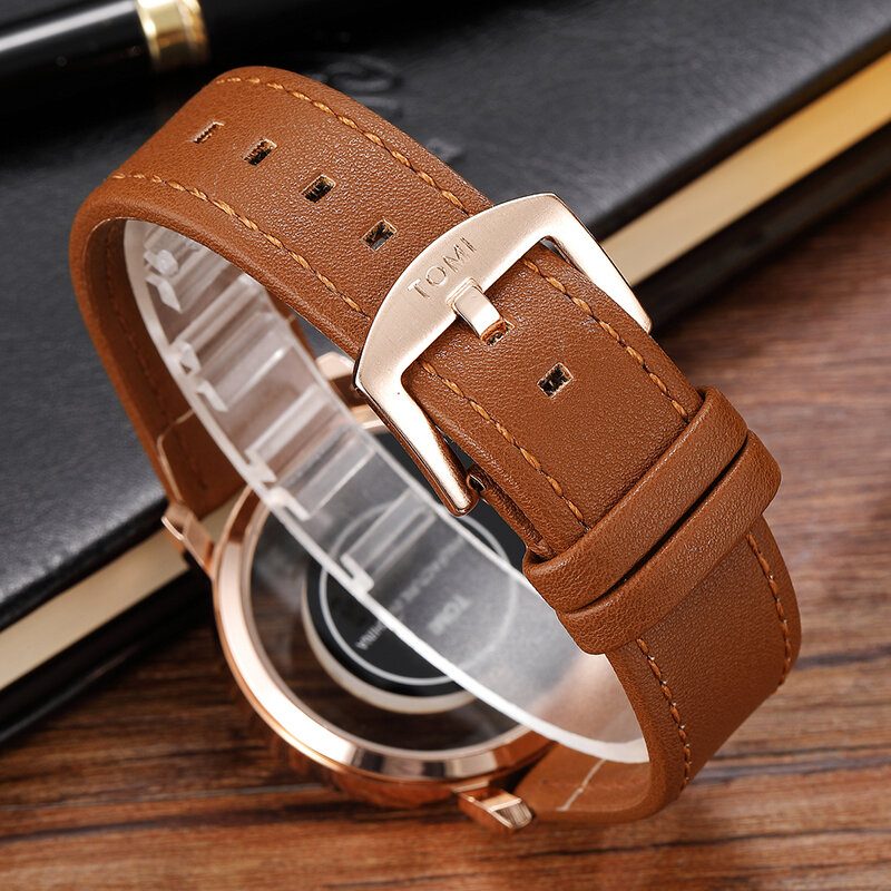 Tomi Creative Quartz Men's Women's Watch Unique Unilateral Transparent Dial Couple Watch Leather Strap Gifts for Man Woman New