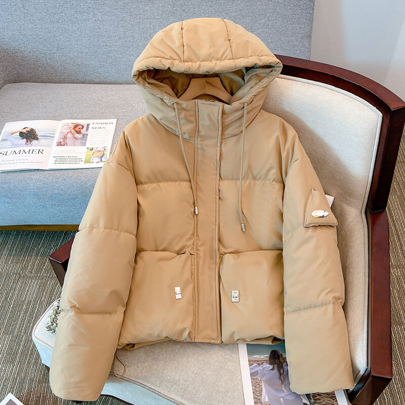 Casaco de manga comprida com capuz feminino, sobretudo de algodão quente, casaco curto grosso, moda coreana, inverno, 2023, 2023