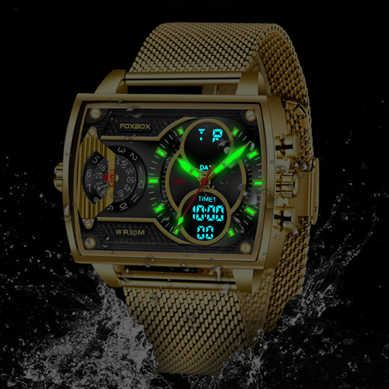 LIGE Top marka luksusowy męski zegarek FOXBOX moda kwadratowy zegarek mężczyźni Casual sport wodoodporny podwójny wyświetlacz zegarek Relogio Masculino