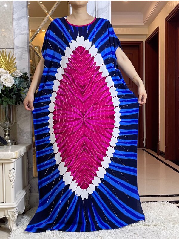 2024 Short Sleeve Printing Dresse with Big Scarf African Dashiki Floral Cotton Loose Caftan Lady Summer Maxi Casual Vestidos