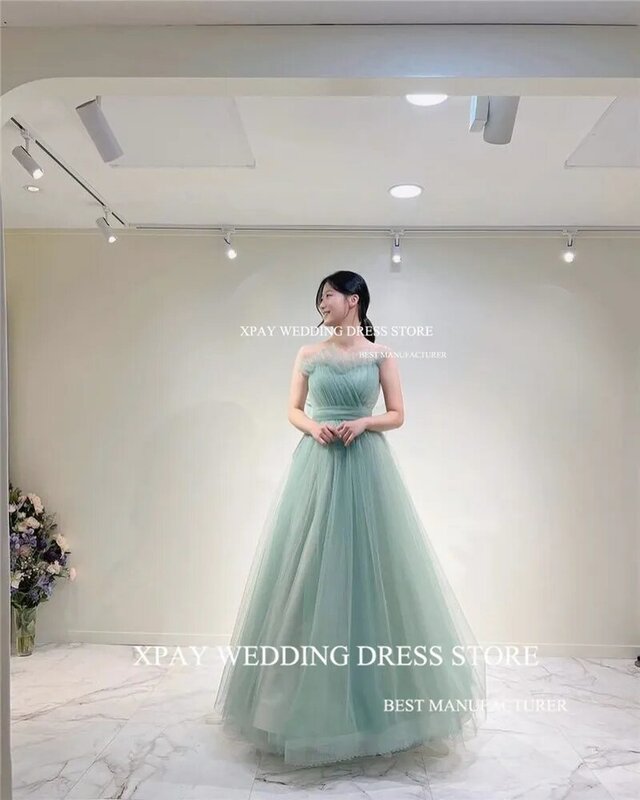 XPAY Sage gaun malam Korea peri hijau pemotretan pernikahan Tulle panjang lantai gaun Prom gaun pesta Formal korset kembali