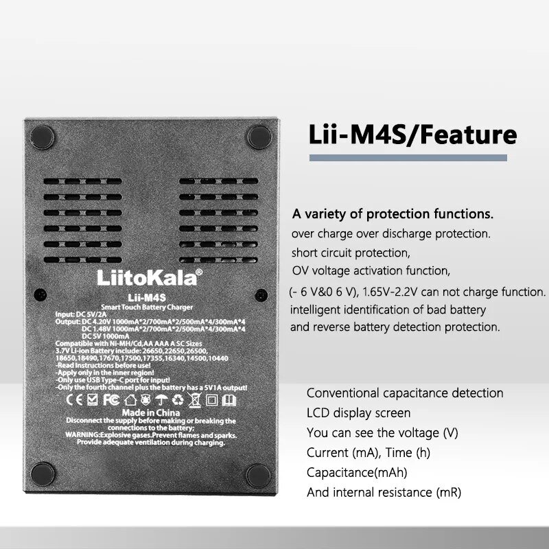 LiitoKala Lii-M4S 18650 caricabatteria multifunzione LCD per 3.7V 1.2V 26650 21700 14500 18350 17500 AA AAA A C e altro